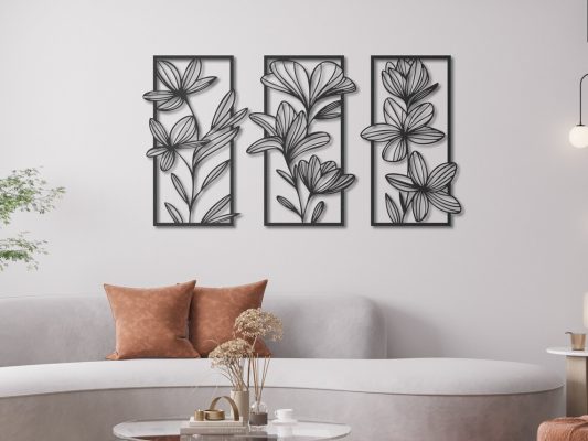 3 Piece Flower Wall Art, Floral Metal Wall Decor, Bedroom Wall Decor, Above Bed Decor, Living Room Wall Decor